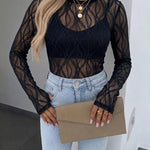 Women's Jacquard Textured Sheer Lace Long Sleeve Top Crewneck Slim Fit Tee with Thumb Holes