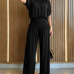 Women's Batwing Sleeve Jumpsuit High Waisted Ruched Wide Leg Overalls Elegant One Piece Outfit