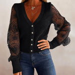 Women's Mesh Long Sleeve Cardigan Embroidered V Neck Knit Sweater Rhinestone Button Ribbed Slim Fit Casual Coat