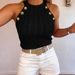 Women's Halter Neck Knit Tank Top Gold Button Cable Knit Vest Sleeveless Slim Fit Ribbed Top