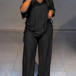 Women's Textured 2 Piece Outfits V Neck Drawstring Ruched Top and Wide Leg Pants Set Casual Loose Loungewear