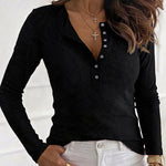 Women's Ribbed Henley Long Sleeve Top Slim Fit Base Layer Tee