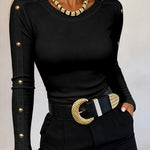 Women's Gold Studded Long Sleeve Rib-Knit T-Shirt Slim Fit Round Neck Top