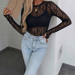 Women's Jacquard Textured Sheer Lace Long Sleeve Top Crewneck Slim Fit Tee with Thumb Holes