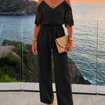 Women's Cold Shoulder Jumpsuit Gold Chain Lace Patchwork Overalls Tapered Leg Jumpsuits with Pockets & Belt