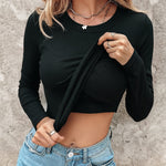 Women's Crewneck Long Sleeve Ribbed Knit Top Slim Fit Base Layer Shirt Soft Stretchy Casual Tee with Built-in Bra
