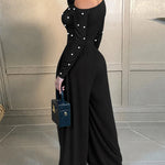 Pearls Decor Skew Neck Long Sleeve Cinched Waist Overalls Casual Ruched Zipper Back Wide Leg Jumpsuit