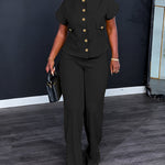 Women's 2 Piece Outfits Short Sleeve Button Down Top and Straight Leg Pants Set Casual Commuter Suits