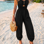 Women's Chain Strap Jumpsuit Hollow Out Shirred Waist Overalls Casual Jogger Jumpsuit with Pockets