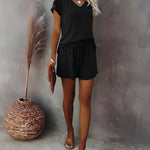 Women's V Neck Short Sleeve Top and Drawstring Shorts Set Casual Loose Fit Loungewear Two Piece Outfit with Pockets