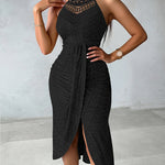 Halter Tie Criss Cross Front Ruched Knit Jacquard Textured Slit Dress Casual Hollow-out Draped Vacation Dress