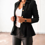 Women's Argyle Cable Knit Jacket Elegant Lapel Collar Gold Button Down Cardigan Ruffle Hem Long Sleeve Coat