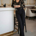 Crochet Lace Trim Deep V-Neck Floral Lace Spliced Ovearalls Casual Zipper Back Seam Front Jumpsuit with Belt