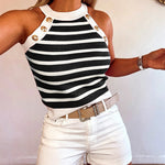 Women's Striped Halter Knit Tank Top Sleeveless Rib-Knit Camisole Gold Button Detail Slim Fit Summer Top
