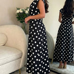 Women's Skew Neck Polka Dot Maxi Dress Ruched A-Line Swing Dress Elegant Party Cocktail Dress with Pockets