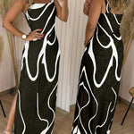 Abstract Print Square Neck Thick Strap Maxi Dress Elegant Side Slit Vacation Dress