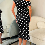 Polka Dot Print Skew Neck Ruched Mid-length Dress Elegant Wrapped Slit Dress