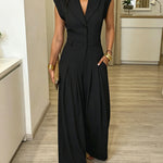 Women's Lapel V Neck Jumpsuit Cap Sleeve High Waisted Wide Leg Overalls Elegant Suit Jumpsuit