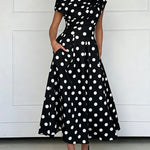 Women's Skew Neck Polka Dot Maxi Dress Ruched A-Line Swing Dress Elegant Party Cocktail Dress with Pockets