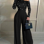 Pearls Decor Skew Neck Long Sleeve Cinched Waist Overalls Casual Ruched Zipper Back Wide Leg Jumpsuit