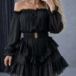 Women's Off Shoulder Frill Trim Mini A Line Dress Flowy Chiffon Ruffle Hem Party Dress with Belt & Built-In Shorts