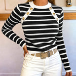 Women's Striped Knit Top Gold Button Long Sleeve Pullover Crewneck Slim Fit Knitwear Contrast Binding Sweater