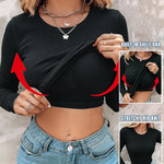 Women's Crewneck Long Sleeve Ribbed Knit Top Slim Fit Base Layer Shirt Soft Stretchy Casual Tee with Built-in Bra