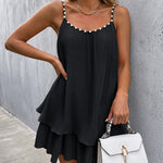 Women's Pearls Embellished Straps Mini Dress Backless Pleated Dress Casual Double Layer Lettuce Trim Cami Sun Dress