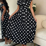 Women's Skew Neck Polka Dot Maxi Dress Ruched A-Line Swing Dress Elegant Party Cocktail Dress with Pockets