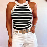 Women's Striped Halter Knit Tank Top Sleeveless Rib-Knit Camisole Gold Button Detail Slim Fit Summer Top