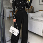 Pearls Decor Skew Neck Long Sleeve Cinched Waist Overalls Casual Ruched Zipper Back Wide Leg Jumpsuit