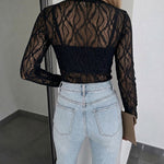 Women's Jacquard Textured Sheer Lace Long Sleeve Top Crewneck Slim Fit Tee with Thumb Holes