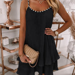 Women's Pearls Embellished Straps Mini Dress Backless Pleated Dress Casual Double Layer Lettuce Trim Cami Sun Dress