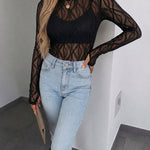 Women's Jacquard Textured Sheer Lace Long Sleeve Top Crewneck Slim Fit Tee with Thumb Holes