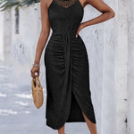 Halter Tie Criss Cross Front Ruched Knit Jacquard Textured Slit Dress Casual Hollow-out Draped Vacation Dress