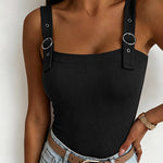 Women's Ribbed Knit Tank Top Square Neck Slim Fit Cami Top Adjustable Eyelet Strap Backless Top