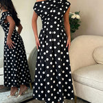 Women's Skew Neck Polka Dot Maxi Dress Ruched A-Line Swing Dress Elegant Party Cocktail Dress with Pockets