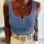 U-Neck Sleeveless Half Button Front Tank Slim Fit Backless Knit Waffle Tank Top