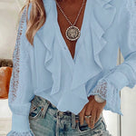 V-Neck Eyelash Lace Patch Ruffles Button Down Blouse Top