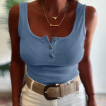 U-Neck Sleeveless Half Button Front Tank Slim Fit Backless Knit Waffle Tank Top
