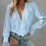 V-Neck Eyelash Lace Patch Ruffles Button Down Blouse Top