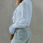 V-Neck Eyelash Lace Patch Ruffles Button Down Blouse Top