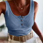 U-Neck Sleeveless Half Button Front Tank Slim Fit Backless Knit Waffle Tank Top