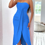 Sleeveless Ruched Cinched Waist Draped Bandeau Dress Eyelet Embroidery Slit Asymmetrical Hem Vacation Dress
