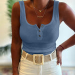U-Neck Sleeveless Half Button Front Tank Slim Fit Backless Knit Waffle Tank Top