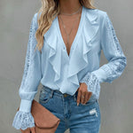 V-Neck Eyelash Lace Patch Ruffles Button Down Blouse Top