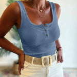 U-Neck Sleeveless Half Button Front Tank Slim Fit Backless Knit Waffle Tank Top