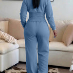 2 Pieces Outfit O-neck Long Sleeve Cinched Waist Sweatshirt and Elastic Waist Wide Leg Pants Set Casual Seam Design Sweatpants Set