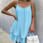 Women's Pearls Embellished Straps Mini Dress Backless Pleated Dress Casual Double Layer Lettuce Trim Cami Sun Dress