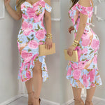 CHICME Women's Watercolor Rose Print Mesh Asymmetrical Hem Dress Pearls Decor Straps Cowl Neck Ruched Side Slit Bodycon Dress